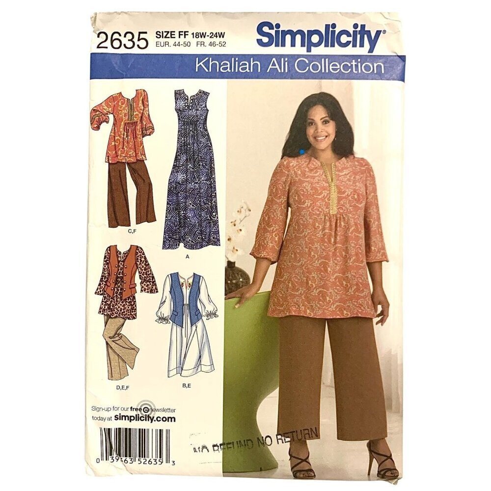 Simplicity 2635 Pattern Dress Tunic Cropped Pants Vest Size 18 20 22 24 Uncut
